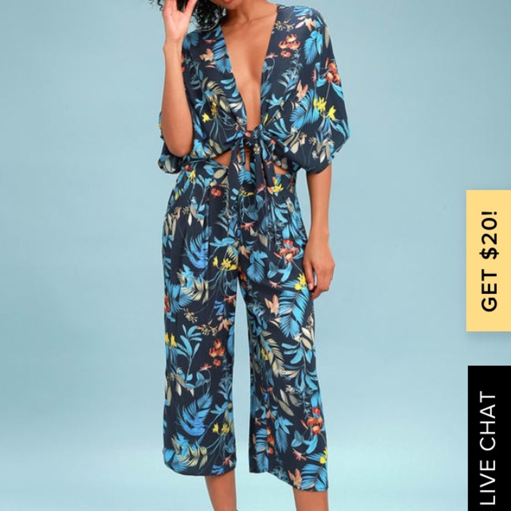 Rover Navy Blue Tropical Print Culottes Pants